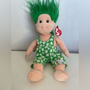 Ty Beanie Kids Plush Doll SHENANIGAN Saint Patrick's Shamrock Overalls 10" Green